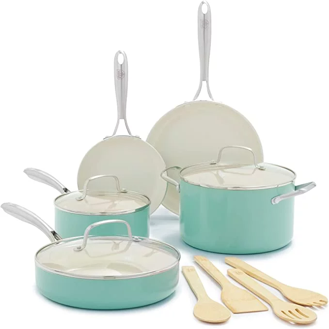 GreenLife Artisan Healthy Cooking Non-Stick Ceramic Dishwasher and Oven Safe 12-Piece Pots and Pans Cookware Set, Turquoise