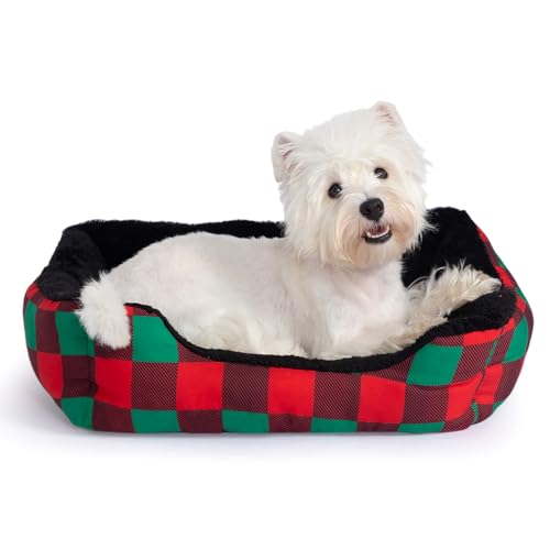 Hollypet Printed Flannel Rectangle Plush Dog Cat Bed Self-Warming Pet Bed, Christmas Red and Green Check