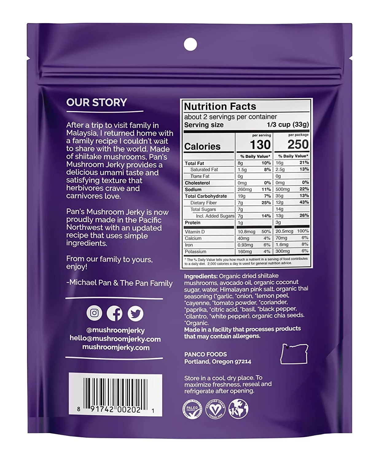 Pan's Mushroom Jerky Zesty Thai -- 2.2 oz Pack of 2