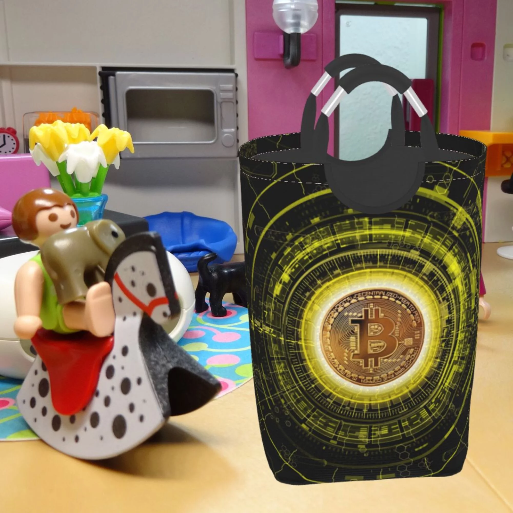 TEQUAN 50L Large Rectangular Laundry Hamper with Aluminum Handles, Crypto Currency Bitcoin Prints Waterproof Foldable Dirty Clothes Basket