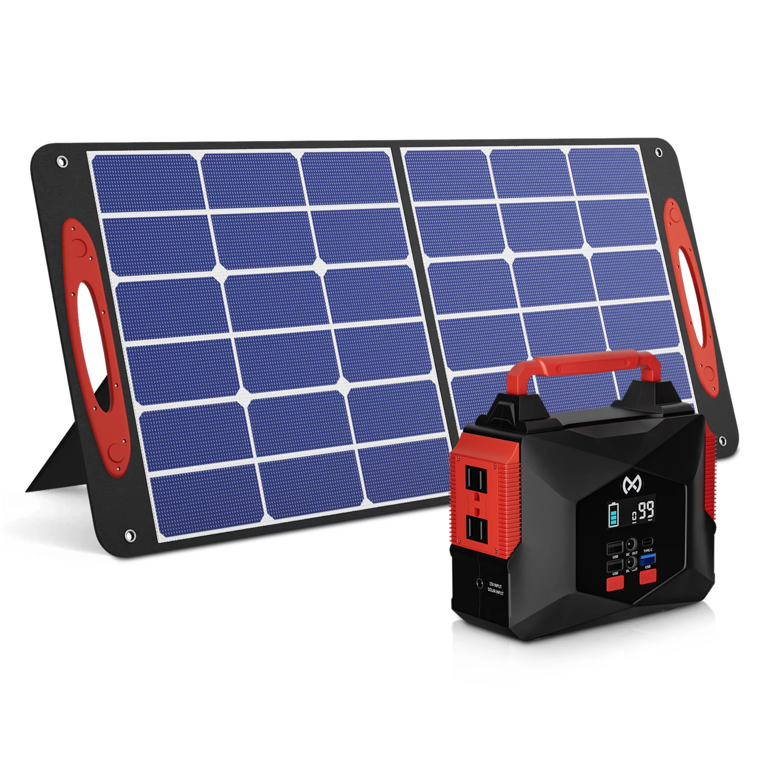 MOX Portable Power Station and Foldable Portable Solar Set of 2, Camping Solar Generator with LED Light & USB Charger