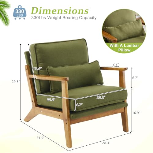 VINGLI Solid Wood Wide Armrests Accent Chair,Upholstered Mid Century Modern Chair with Pillow,Comfy Reading Chair Farmhouse Arm Chair,Chairs Living Room,Bedroom,Guest Room,Linen Fabric,Beige