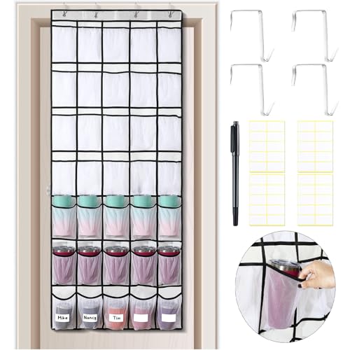 35 Pockets Over the Door Water Bottle Organizer Hanging Water Bottle Organizer with Elastic Strap Mesh Bag and Pen Water Bottle Holder for Door Closet Pantry Storage Rack(White)