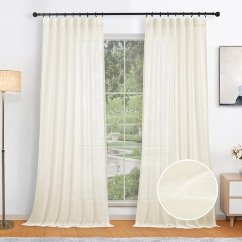 Natural Pinch Pleated Curtains 2 Panels, Linen Textured Semi Sheer Curtain 84 Inches Long Back Tab Light Filtering Voile Window Drapes for Living Room, Bedroom, Farmhouse, 40 Inch x 84 Inch