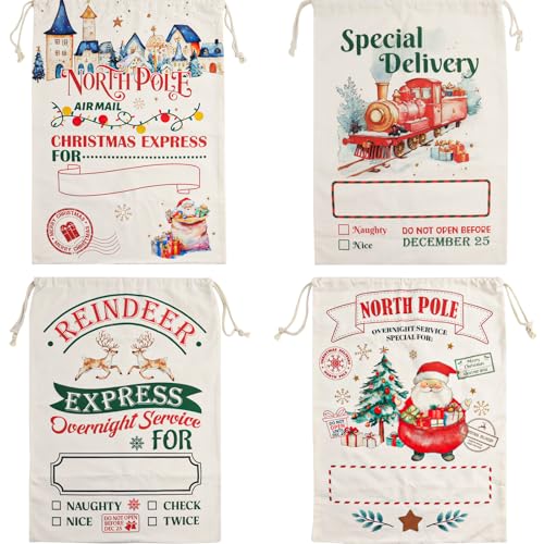 WorldBazaar 4 Pack Large Christmas Canvas Gift Bags with Drawstring Reusable From Santa Sacks for Holiday Presents and Christmas Party Supplies