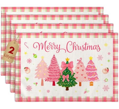 Christmas Placemats Set of 4 - Christmas Theme Placemats Double-Layered 12x18 Inches Decorative Washable Dinner Table Mats for Dinning Durable Xmas Themed Table Mats, Buffalo Plaid