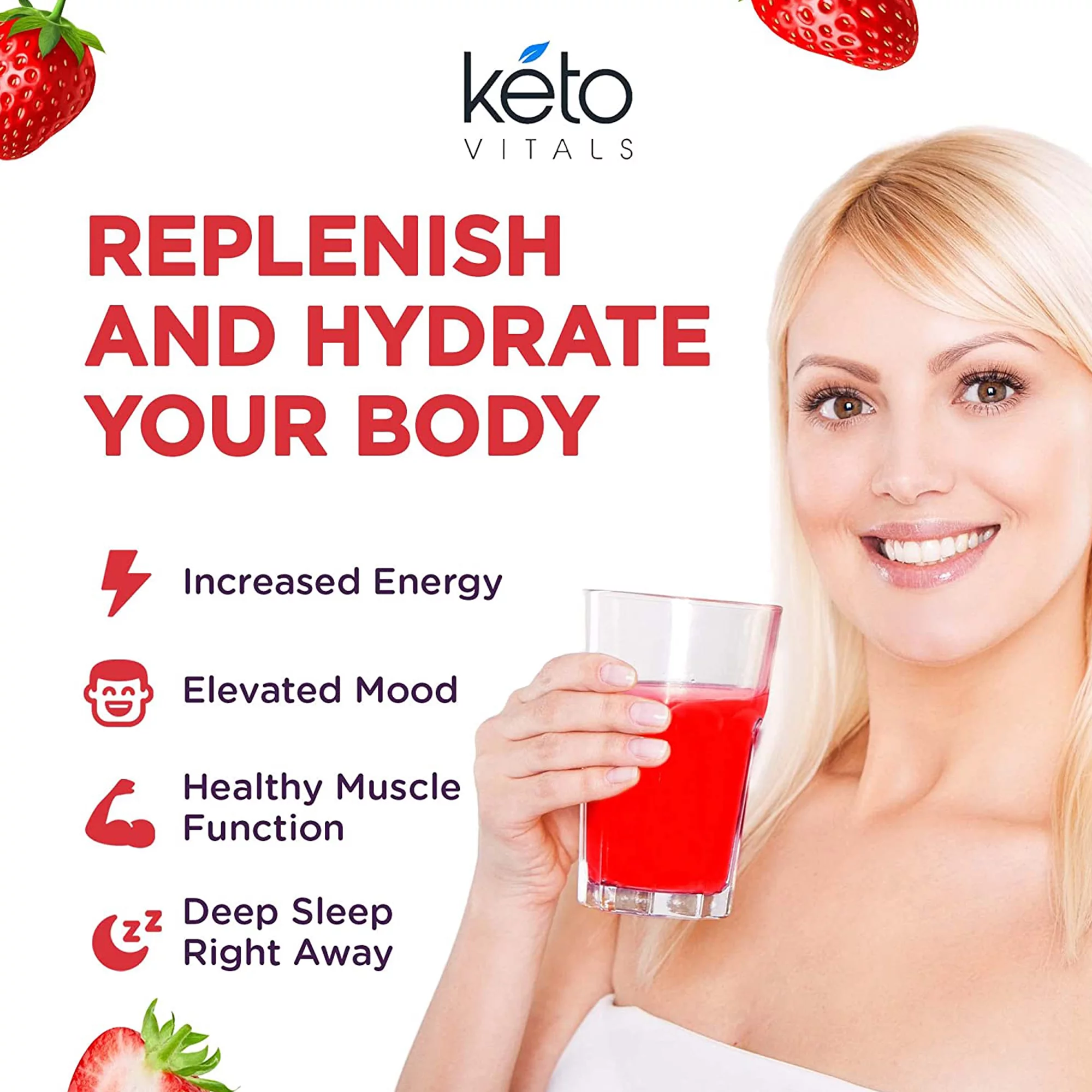 Keto Vitals Keto Electrolytes Powder with Antioxidants for Hydration, Sleep, Energy, Muscle Function Strawberry 10 oz