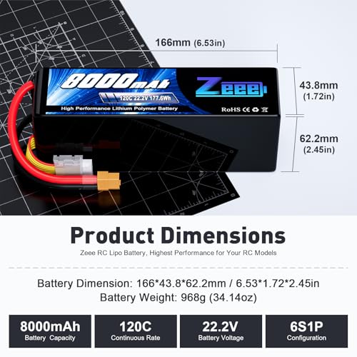 Zeee 6S Lipo Battery 8000mAh 22.2V 120C Soft Pack RC Battery XT60 Connector for RC Car Truck Desert Racer RC Drone RC Tank Racing Hobby Models(2 Pack)