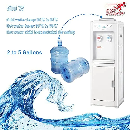 Water Dispenser, 5 Gallon Top Loading Water Cooler, Plastic Water Cooler Dispenser with Child Safety Lock & Cabinet, White (RJVWD02AEWT)