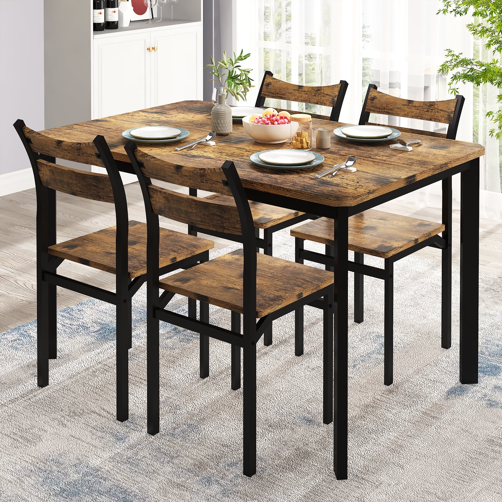 Recaceik Dining Table Set for 4, Dining Room Table Set with 4 Comfortable Chairs, 43 Inch Kitchen Table and Chairs Set for Small Space, Living Room, Breakfast Nook,Rustic Brown