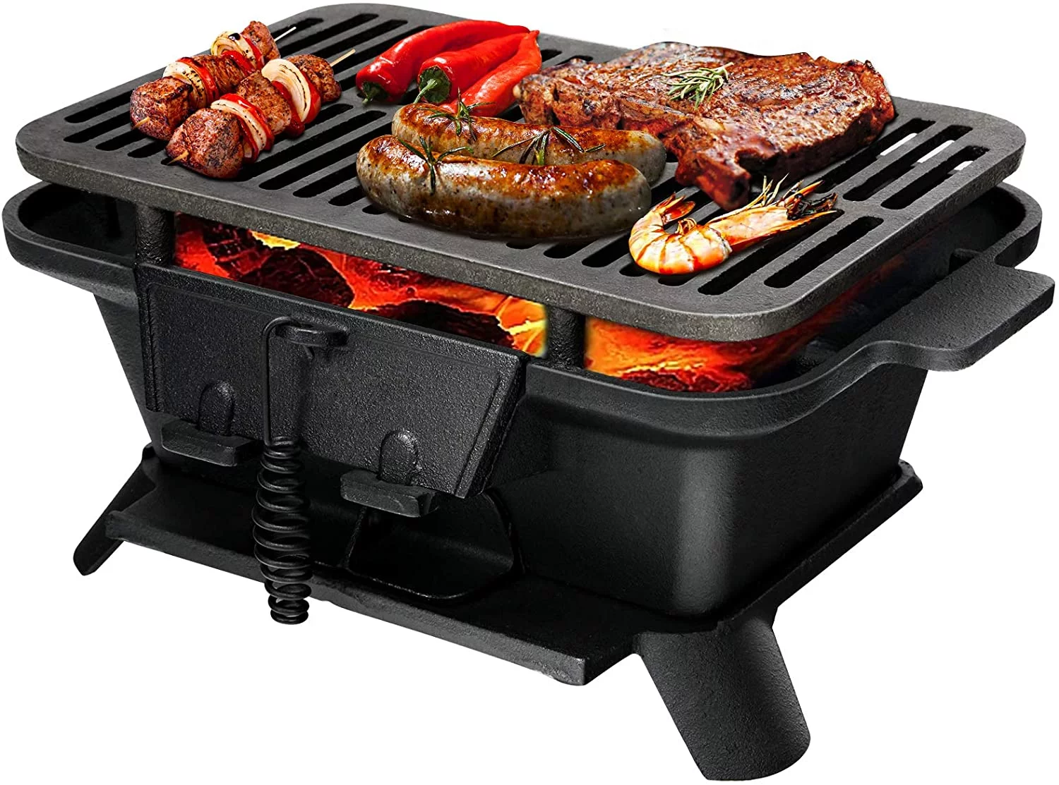 Charcoal Grill Hibachi Grill, Portable Cast Iron Grill with Double-sided Grilling Net, Air Regulating Door, Fire Gate, BBQ Grill Perfect for Outdoor Picnic Camping Patio Backyard Cooking