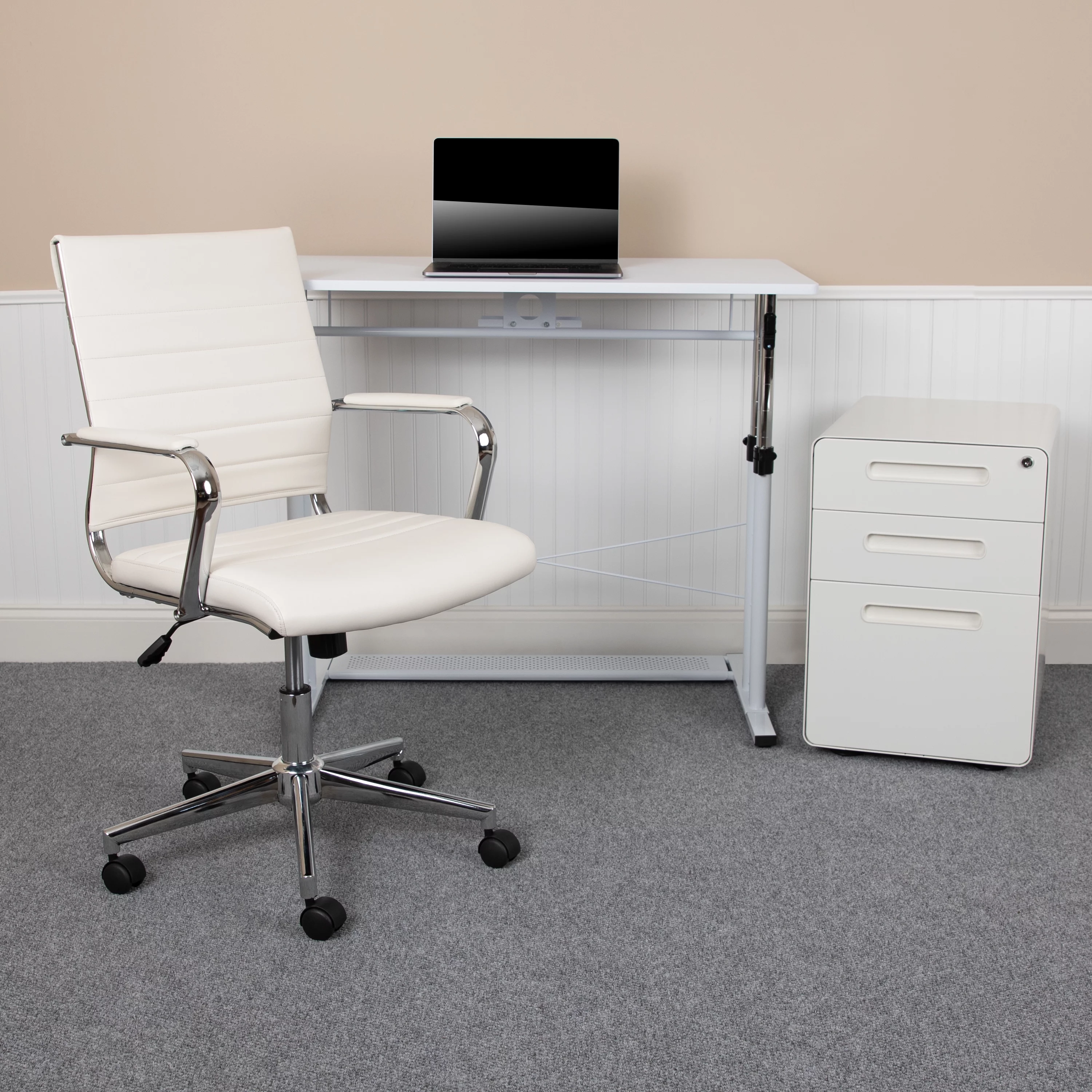 BizChair Work From Home Kit - White Adjustable Computer Desk, LeatherSoft Office Chair and Inset Handle Locking Mobile Filing Cabinet