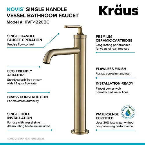 KRAUS Ramus Single Handle Vessel Sink Bathroom Faucet with Pop-Up Drain in Brushed Gold, KVF-1220BG