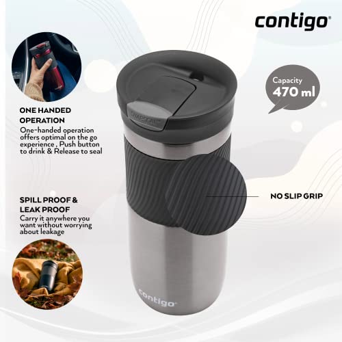Contigo Byron Snapseal Travel Mug, Stainless Steel Thermal Mug, Vacuum Flask, Leakproof Tumbler, Coffee Mug with BPA Free Easy-Clean Lid, 590 ml, Black