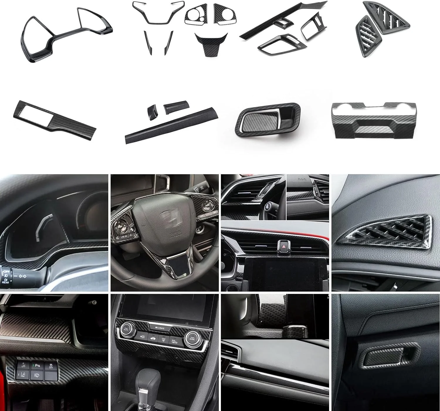 Xotic Tech Interior Center Console Dashboard Panel Headlight Switch Steering Wheel AC Vent Cover Trim Combo Kit , Carbon Fiber Pattern , Compatible with Honda Civic 10th Gen DX EX 2016-2021