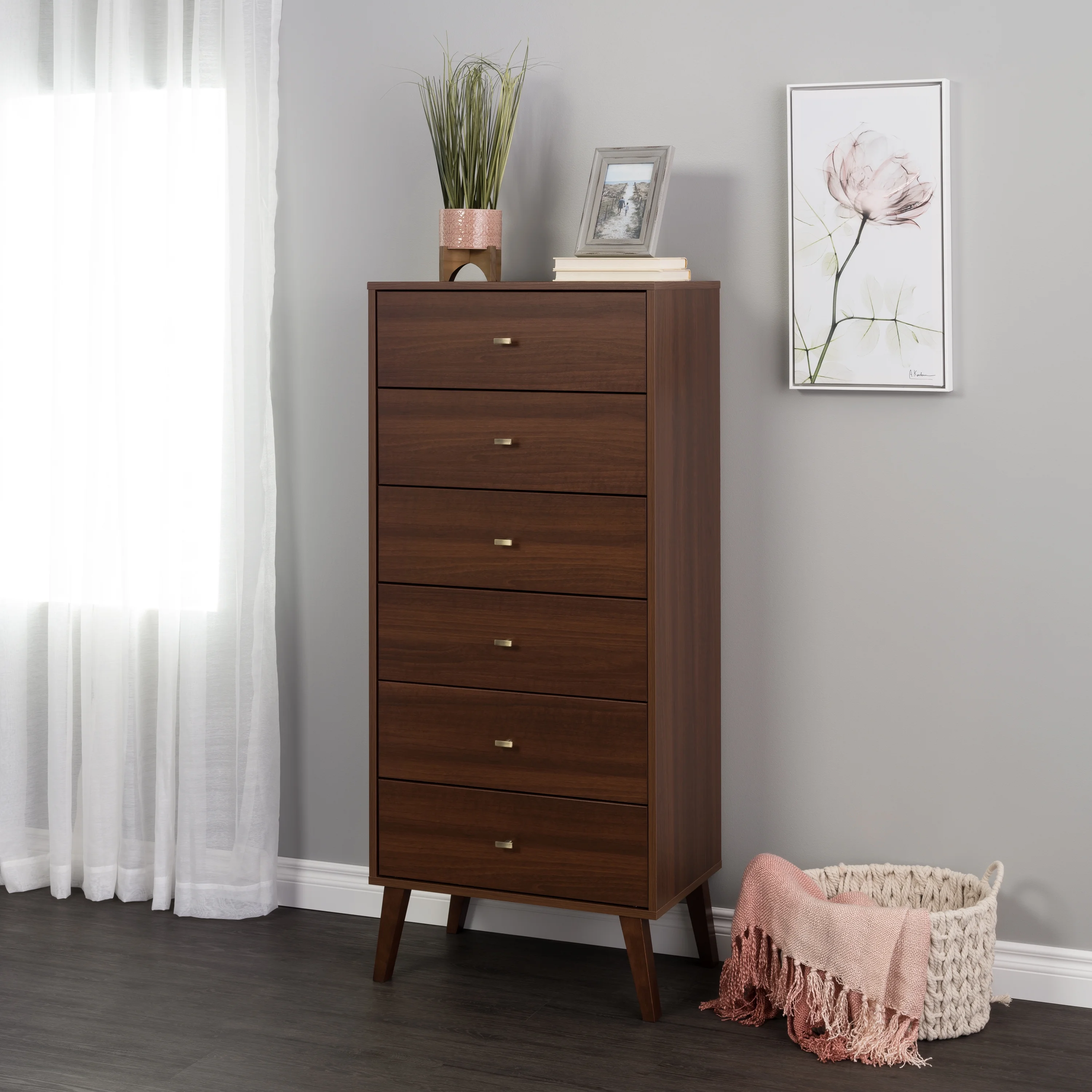 Prepac Milo Mid Century Modern Tall 6-Drawer Chest, Cherry