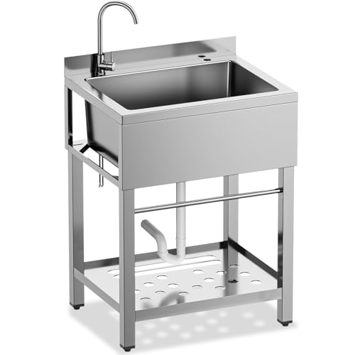 Utility Sink Free Standing Single Bowl Kitchen Sink with Cold and Hot Water Pipe Stainless Steel Sink for Laundry Room Bathroom Farmhouse