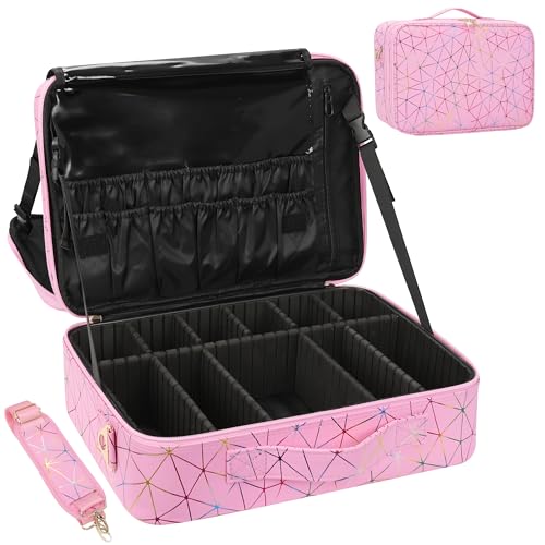 MONSTINA Large Capacity Makeup Case 3 Layers Cosmetic Organizer Brush Bag Barber Train Case Makeup Artist Box for Hair Curler Hair Straightener Brush Set and Cosmetics