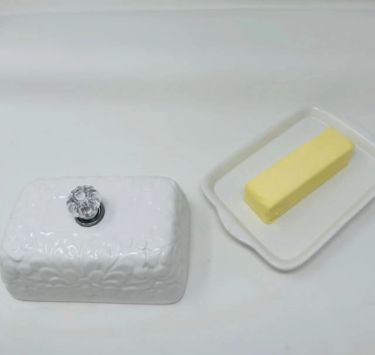 Drew DeRose Designs  white floral  butter dish with crystal  knob 7