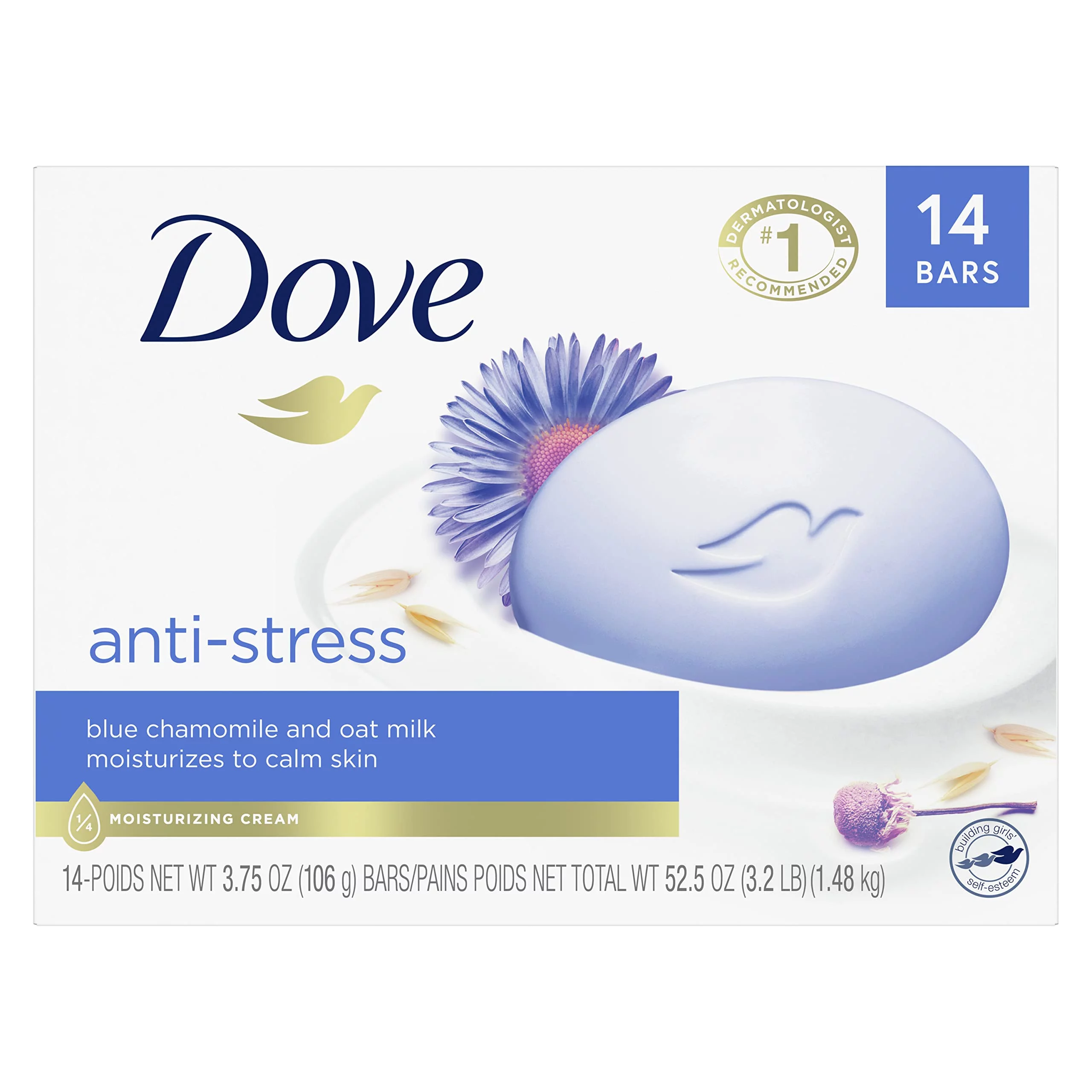 Dove Beauty Bar Gentle Cleanser Moisturizes To Calm Skin Anti-Stress Cream Bar Gentle Bar Soap Cleanser Made With 1/4 Moisturizing Cream 3.75 Oz 14 Count.