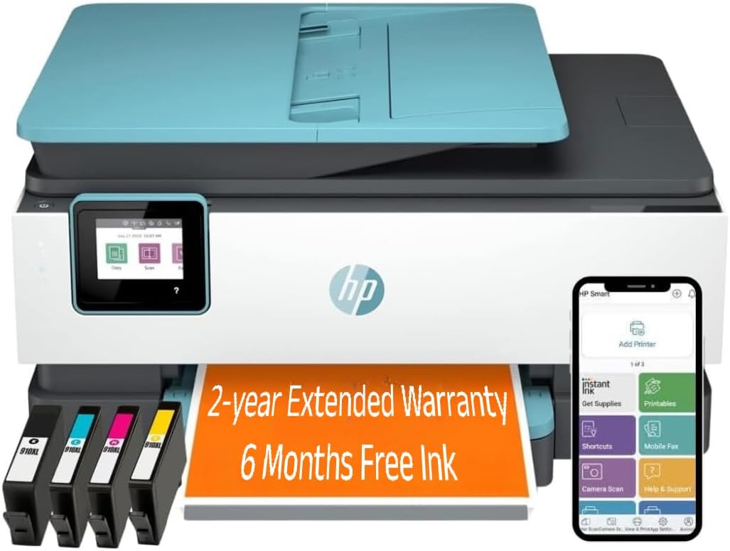 HP OfficeJet Pro 8028e All in One Wireless Printer Scanner Copier Fax Inkjet Print 2.7 Inch Touchscreen 6 Months of Free Ink 2 Years HP Warranty 20 ppm Black 10 ppm Color for Home Office Use (Renewed)