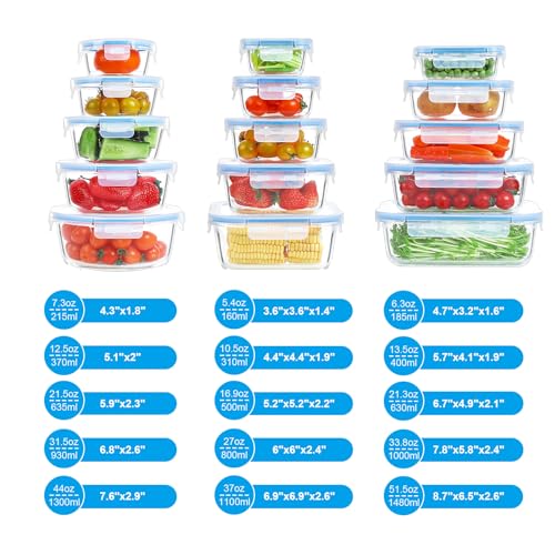 30 Pieces Glass Meal Prep Containers, Airtight Glass Food Storage Containers, Glass Lunch Containers with Lids, Microwave and Dishwasher Friendly, White