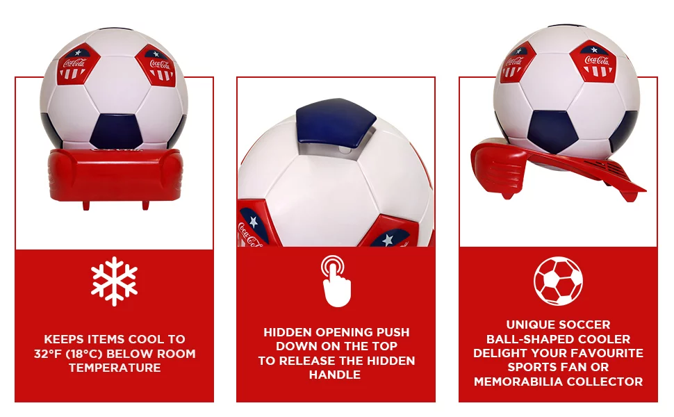 Coca-Cola Soccer Ball Mini Fridge, 5 Can Beverage Cooler White Red Black