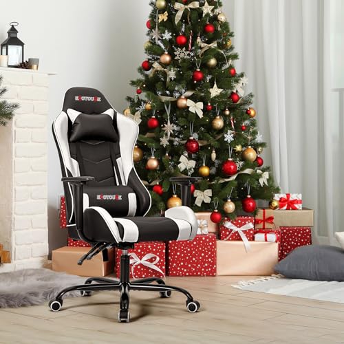 ECOTOUGE PC Massage Gaming Chair with Footrest Ergonomic Office Desk Chair Racing PU Leather Recliner Swivel Rocker with Headrest and Lumbar Pillow, Blue