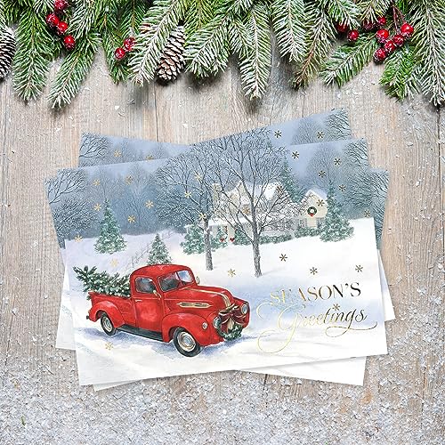 Masterpiece Holiday Greetings Trimmed In Scarlet Christmas Cards / 16 Boxed Snowy Cardinal Wreath Holiday Cards With Silver Foil Lined Envelopes / 5 5/8