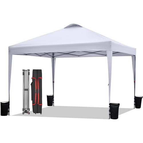 BONTEC 10x10ft Pop Up Canopy Tent, Portable Beach Tent and Instant Shelter, 1-Person Setup, Outdoor Sun Shade, Waterproof Folding Gazebo with Roller Bag and 4 Weight Bags, Silver- Coated Top, White