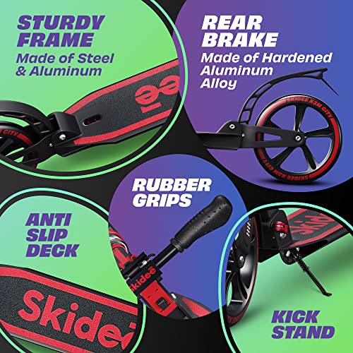 Skidee Adult & Teen Scooter Adjustable Height, Folding, Large Wheels, Lightweight, Durable, Anti-Shock Suspension, Up to 220 lbs