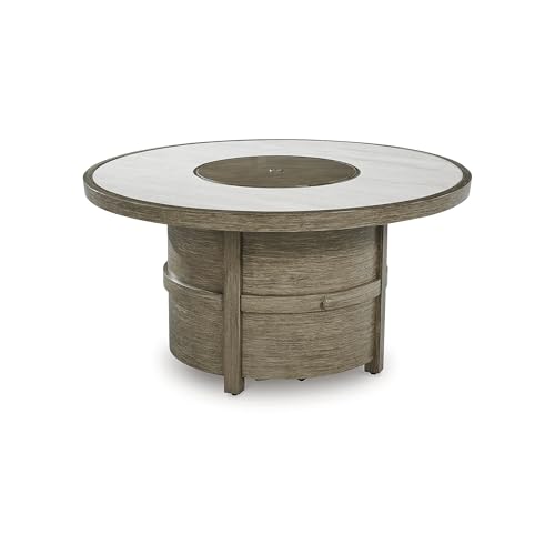 Signature Design by Ashley Rainier Ranch Contemporary Sintered Stone Tabletop Outdoor Fire Pit Table with Pedestal Base, Light Brown & Beige