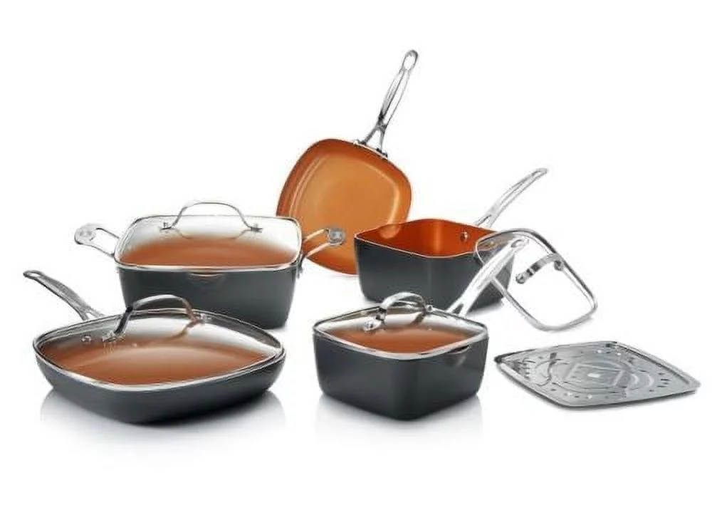 Gotham Steel Pots and Pans Set, 10 Piece Square Design with Ultra Nonstick Ceramic Coating, Includes Skillets, Sauce Pan, Stock Pot, Stainless Steel Steamer, Dishwasher Safe, Graphite