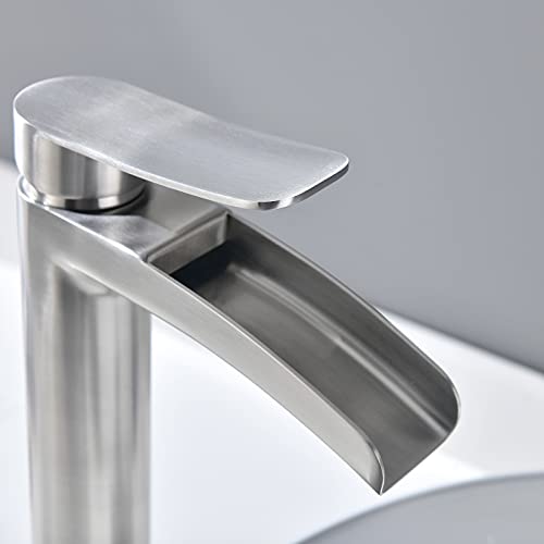 Phiestina Brushed Gold Tall Bathroom Vessel Sink Faucet, Single Hole Single Handle Waterfall Modern Bathroom Faucet, with Pop Up Drain and Water Supply Line, NS-SF01-BG-V