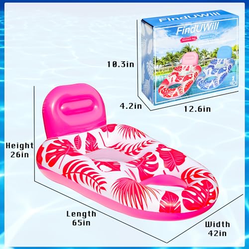 FindUWill Pool Floats Chairs Adult - 2 Pack 65'' x 42'' Large Pool Float Chairs, Inflatable Pool Lounger with Cup Phone Holder, Backrest, Footrest, Tanning Pool Lounge