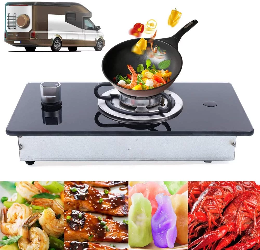Miumaeov RV Cooktop Stove Portable Camper LPG Gas Stove Single Burner w/Tempered Glass, Multi-level Fire Adjustment Stainless Steel Built-In Gas Hob