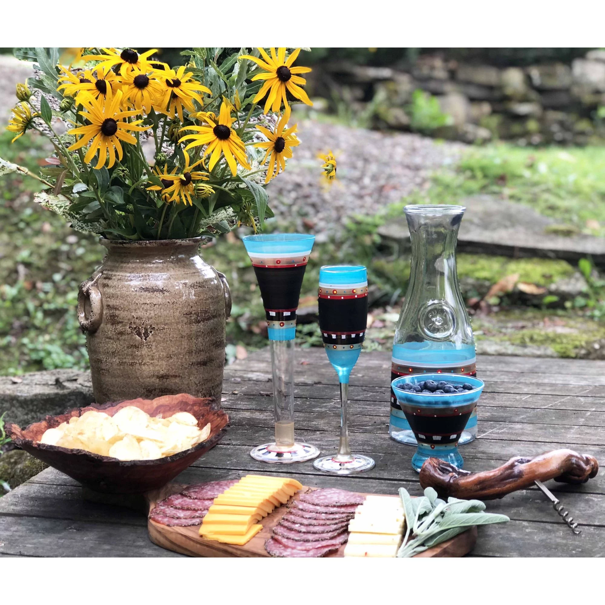 Crafted Creations Set of 2 Black and Blue Mosaic Chalkboard Hand Painted Champagne Flute Glasses 7