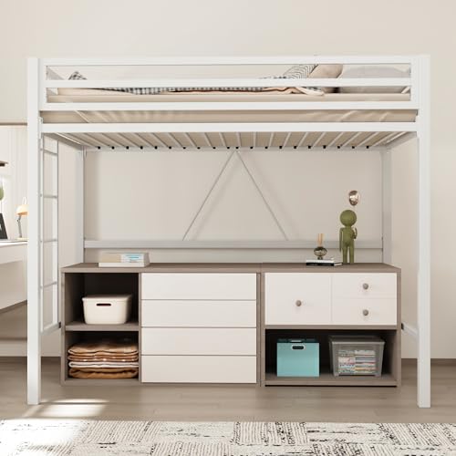 Allewie Metal Loft Bed Twin Size with Guardrail and Ladder, Small Space Saving Design for Bedroom Kid Room and Dorm, No Box Spring Needed, Black