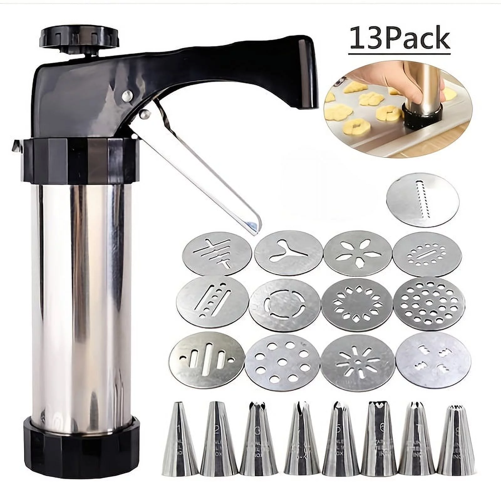 13pcs Cookie Press Household Stainless Steel Spritz Cookie Press Cookie Maker, Baking Mold, Cookie Squeezer, Piping Gun, 9.8 X 5.7In Deluxe Cookie Maker, Comes with an Exclusive Recipe