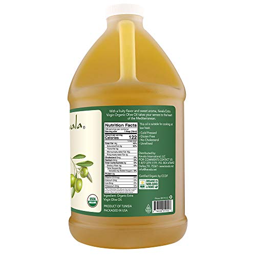 Kevala Extra Virgin Organic Olive Oil - Unrefined, Good for Cooking, Cold Pressed, Non GMO Green Olives, Vegan, Gluten Free, Kosher, Salad Dressing, 64 oz