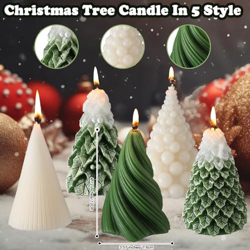 5 Pcs Christmas Tree Shaped Candles 3 x 4.7 Inch Large Wax Scented Soy Candle White Green Swirl Snowy Cedar Tree Design Christmas Table Decorations Indoor for Xmas Holiday Birthday Gifts