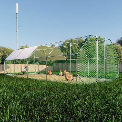 Large Metal Chicken Coop, Walk-in Chicken Run Cages with Waterproof and Anti-Ultraviolet Cover for Outside(10' L x 26 W x 6.56' H) Dome Top
