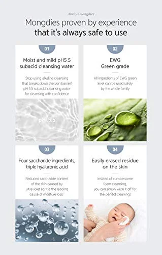Mongdies Baby Cleansing Water- Uses all ingredients of EWG Green level, Contain plenty of Rich Deep-Sea Ocean water, Moist and mild pH5.5 subacid cleansing water - 300ml