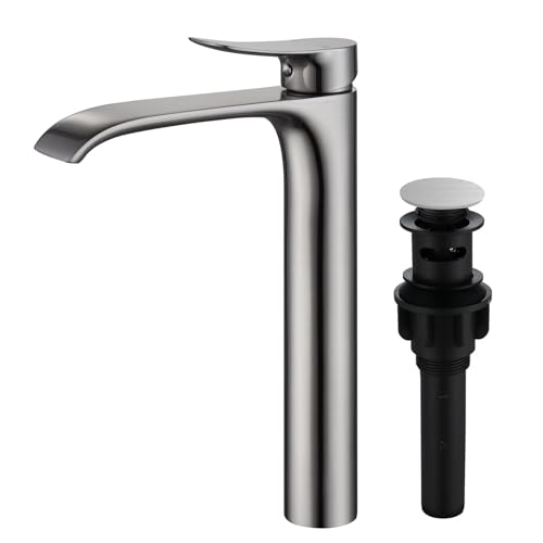 Tall Vessel Sink Faucet Bathroom Waterfall Faucet Brushed Gold Finished Single Handle Matte Black Vanity Bathroom Faucet Basin Mixer Tap with Water Supply Hose and Pop Up Sink Drain