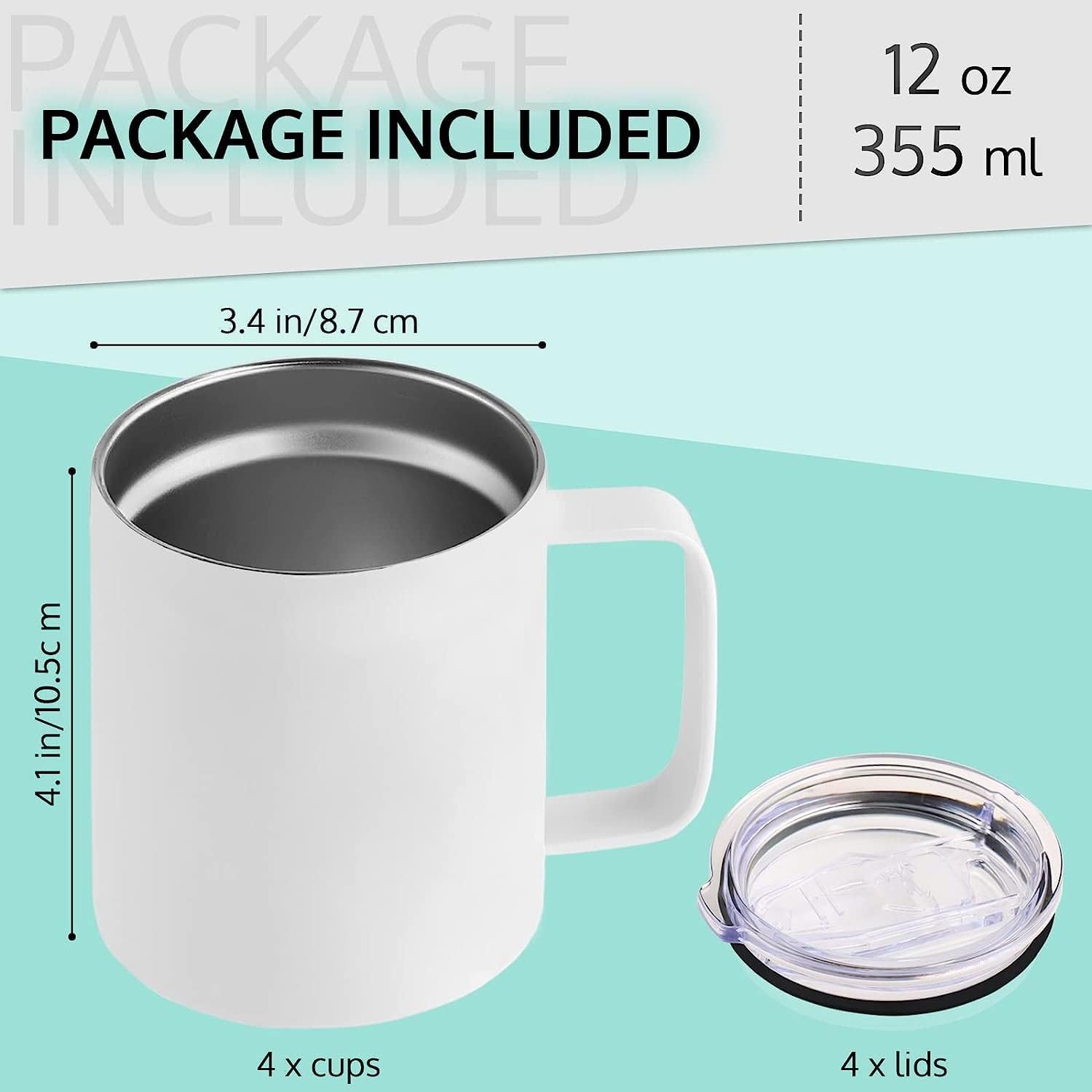 Lagute 12 Oz Sublimation Blank Mug Set, Stainless Steel Double Wall Insulated Cups,Coffee Tumbler Coffee Mugs with Handles and Lids, Birthday Diy Gift, 4 Pack/White