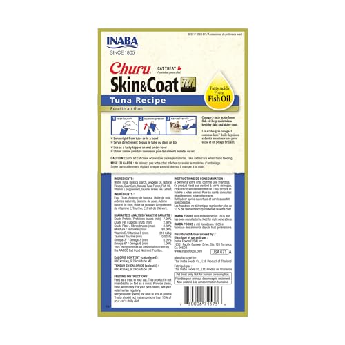 INABA Churu Lickable Purée Natural Cat Treats for Skin and Coat with Omega Oils, Taurine and Vitamin E, 0.5 Ounces Each Tube, 50 Tubes, Skin & Coat Variety