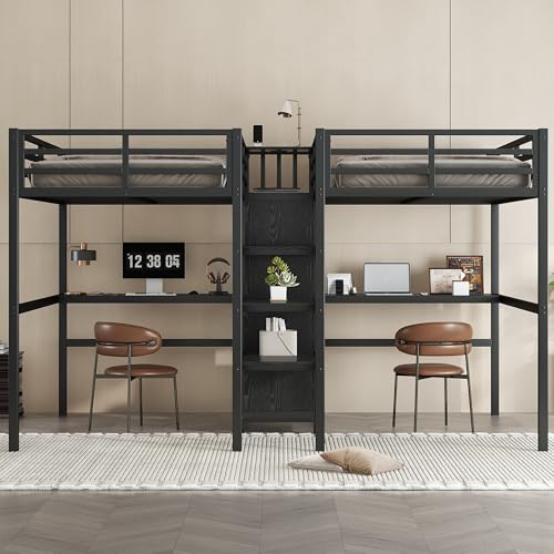 Twin Over Twin Metal Loft Bed with Desk and Wardrobe for 2 Kids,Twin Size Heavy Duty Double Loft Bed Frame with Charging Station and Shelves for Boys,Girls,Adults,Woodgrain