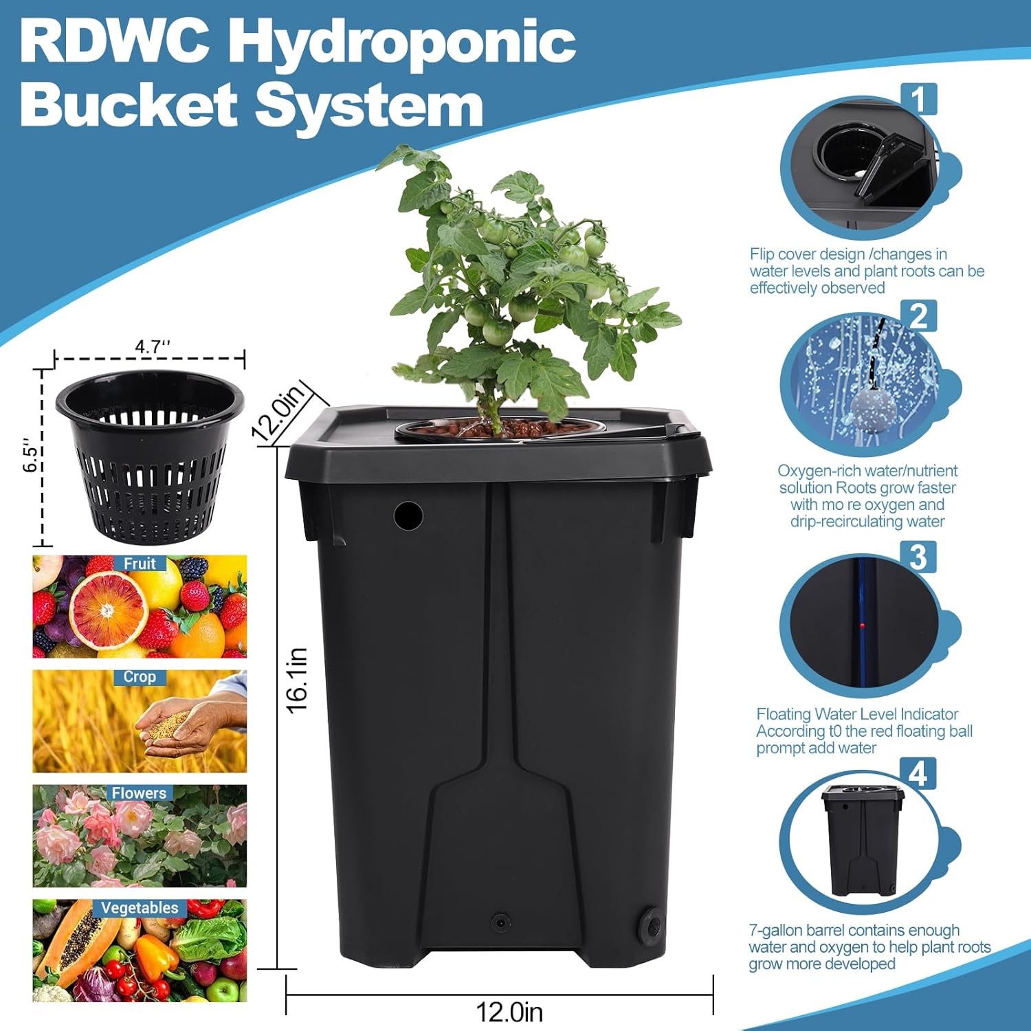 RDWC Hydroponics Grow System 4 Site + Reservoir, 7-Gallon Top Drip Recirculating Deep Water Culture Hydroponic Bucket System, Hydroponics Growing System Kit with Water Pump, Air Pump
