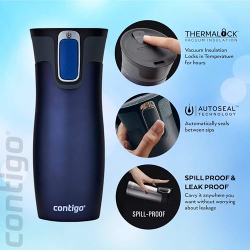 Contigo West Loop Autoseal Travel Mug, Stainless Steel Thermal Mug, Vacuum Flask, Leakproof Tumbler, Coffee Mug with BPA-Free Easy-Clean Lid