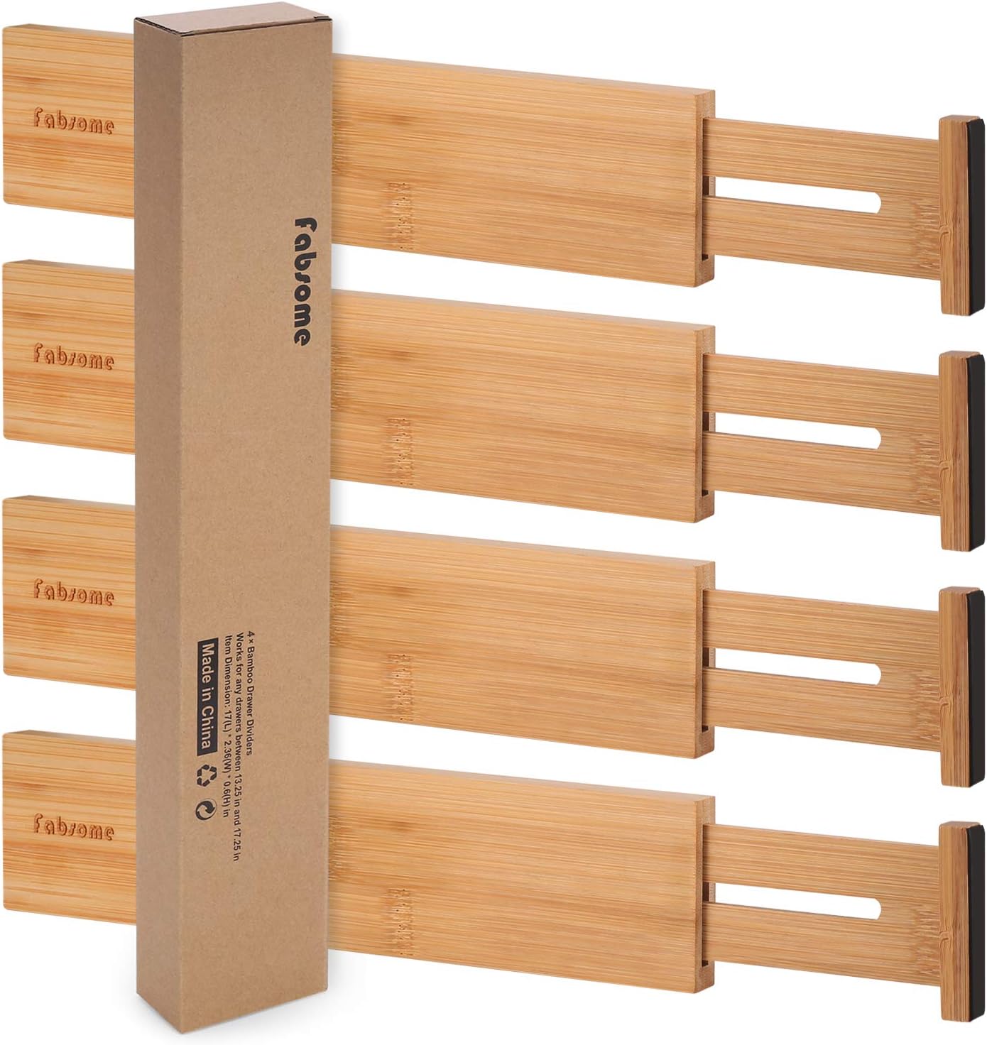 Fabsome Drawer Divider 4 Pack, Adjustable Bamboo Drawer Organizers for Clothing, Wooden Dresser Drawer Organizer Separator for Clothes, Kitchen, Office, 13.25-16.75 in